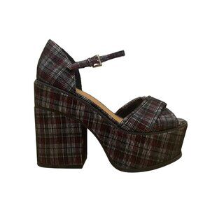 Asos Womens Multicolor Plaid Platform Chunky Block Heel Ankle Strap Sandals Sz 4